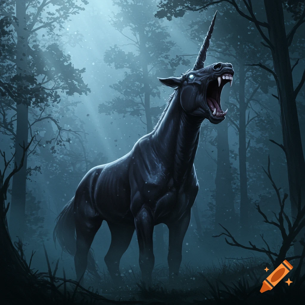 A dark, roaring unicorn with fangs and glowing eyes stands in a misty, spooky forest with shafts of light.