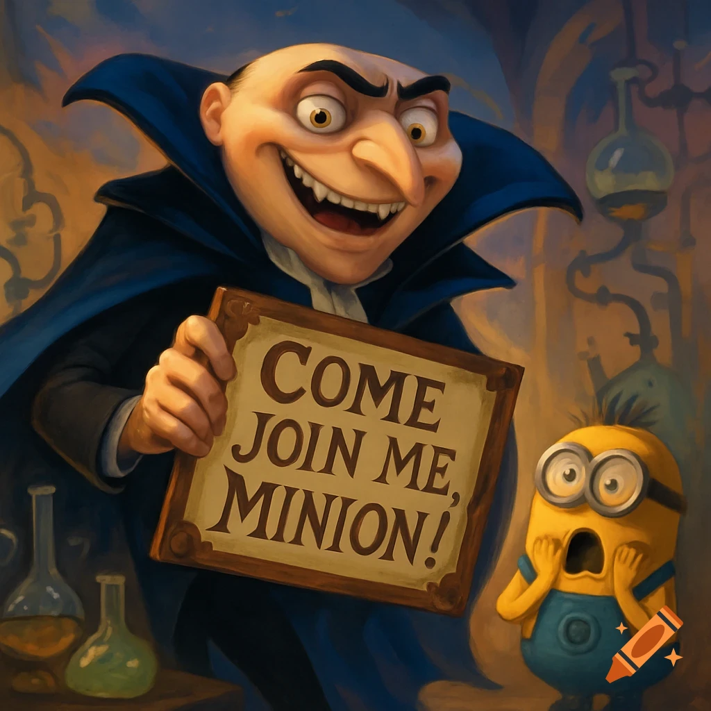 Gru dressed as a vampire holds a sign that says "COME JOIN ME, MINION!" to a scared Minion in a laboratory setting, in a cartoon style.