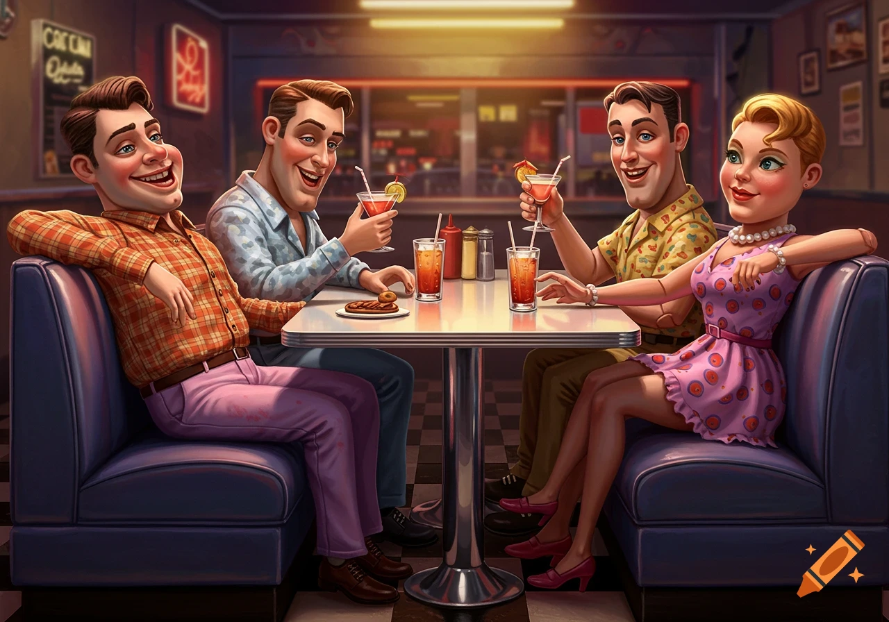 Four stylized, doll-like friends sit together in a retro diner booth, laughing and holding drinks.