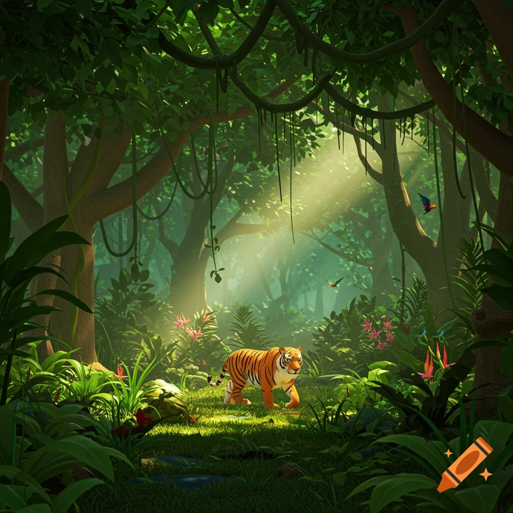 An animated tiger walks through a lush, sunlit jungle with vibrant green foliage and colorful birds.