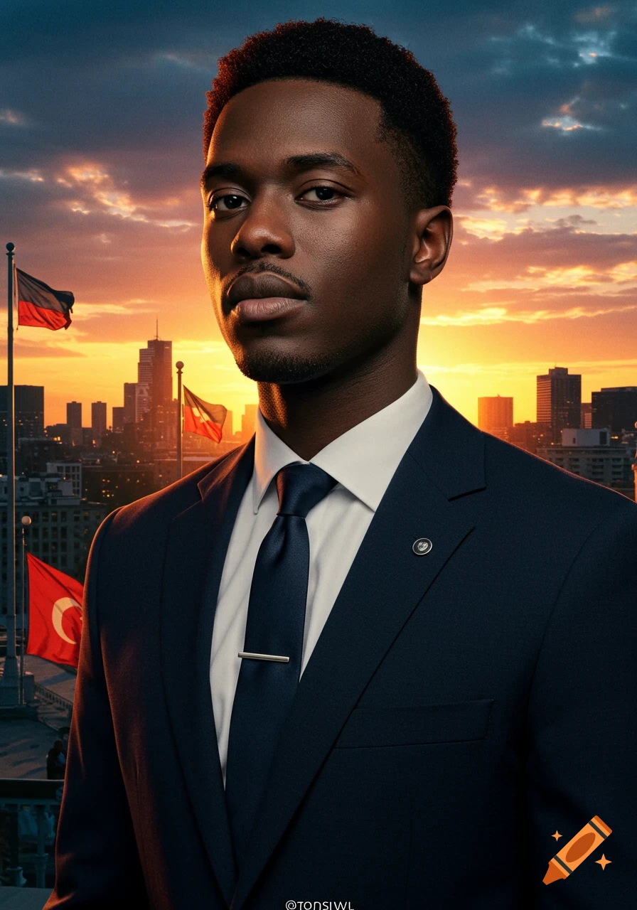 Photorealistic portrait of a young Black man in a dark suit and tie, against a sunset city skyline with flags.