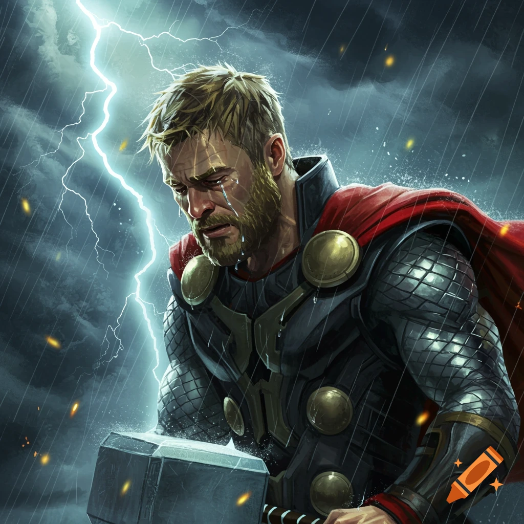 Thor, a bearded man in armor and red cape, sobs in the pouring rain under a lightning strike, in a comic art style.