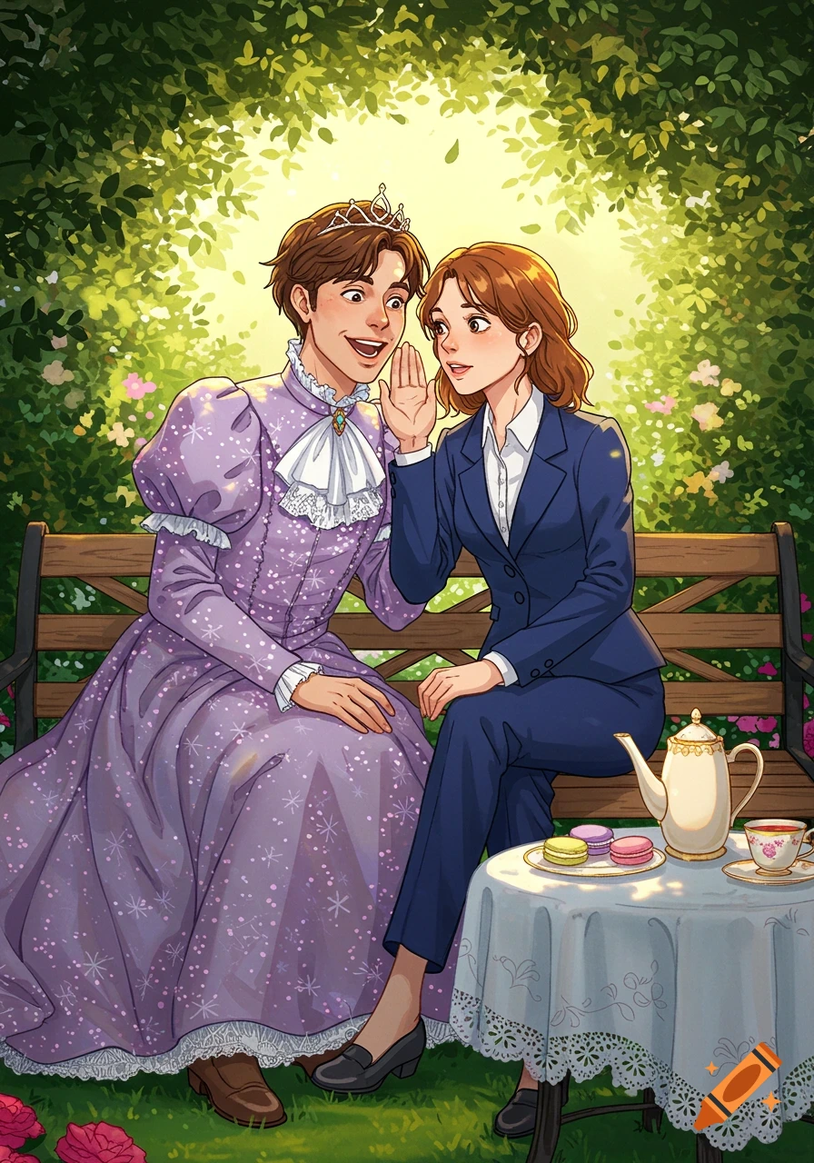 A man in a purple princess dress and tiara gossips to a woman in a blue business suit, both sitting on a bench in a sunny garden with tea.