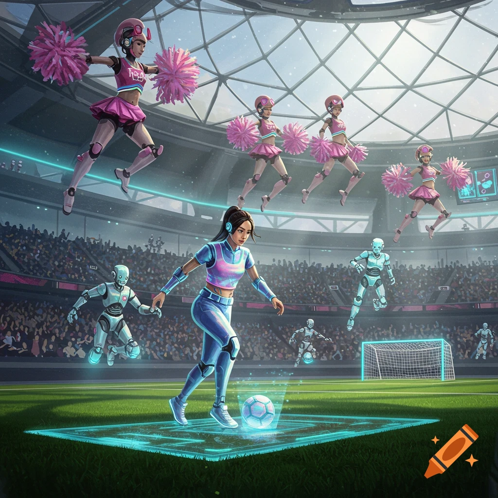A futuristic soccer match with a female player dribbling a glowing ball on a neon field, surrounded by robot players and floating robot cheerleaders in a large stadium.