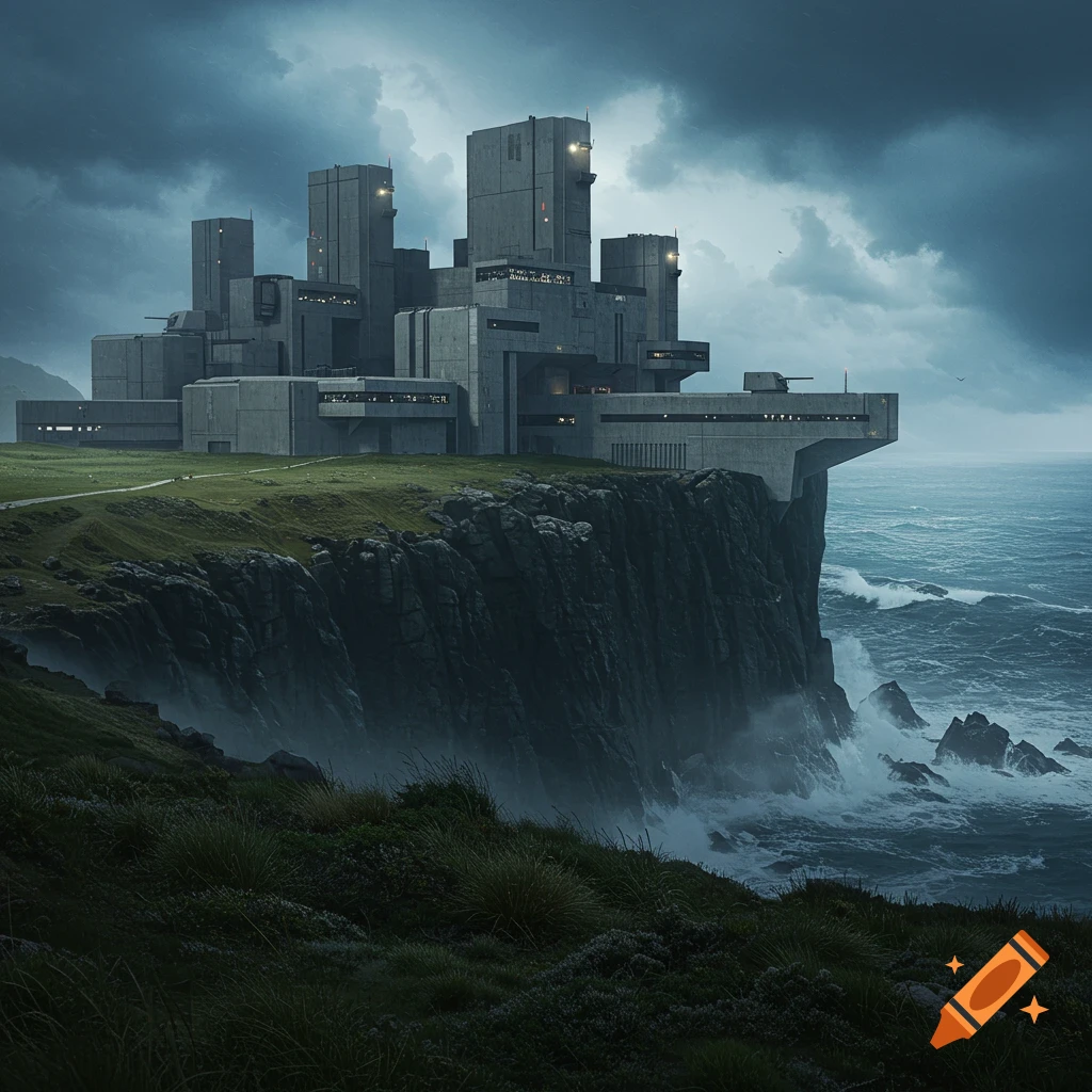 A photorealistic brutalist concrete military base on a dark, stormy cliff overlooking the ocean.