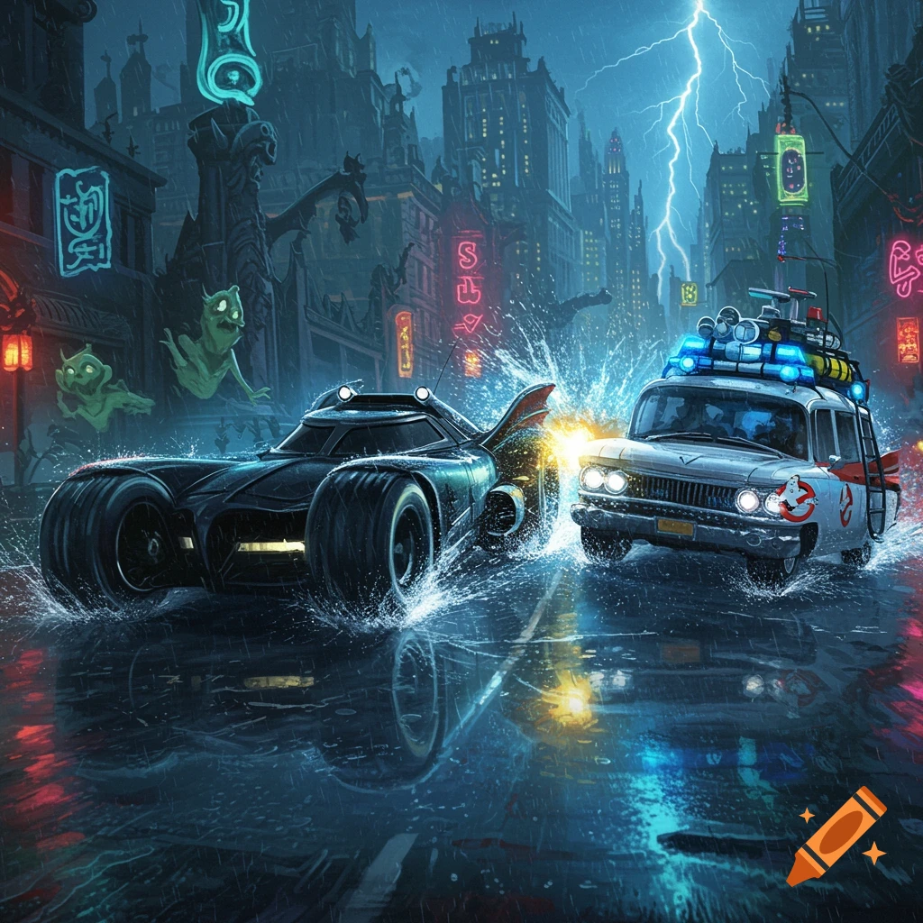 The Batmobile and Ghostbusters' Ecto-1 race through a dark, rainy, neon-lit Gotham City street, splashing water as lightning flashes in the background.