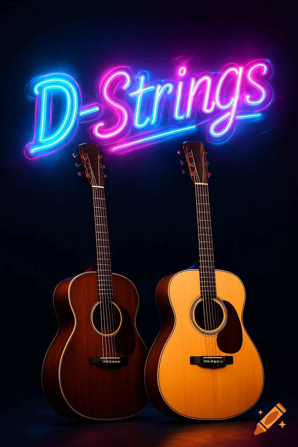 Two acoustic guitars, one dark brown and one light wood, stand beneath a glowing neon sign that spells 'D-Strings' against a dark background.