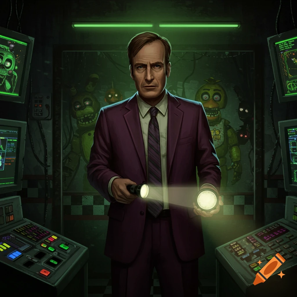 Saul Goodman in a purple suit holds two flashlights in a dark, ominous Five Nights at Freddy's security office with animatronics in the background.