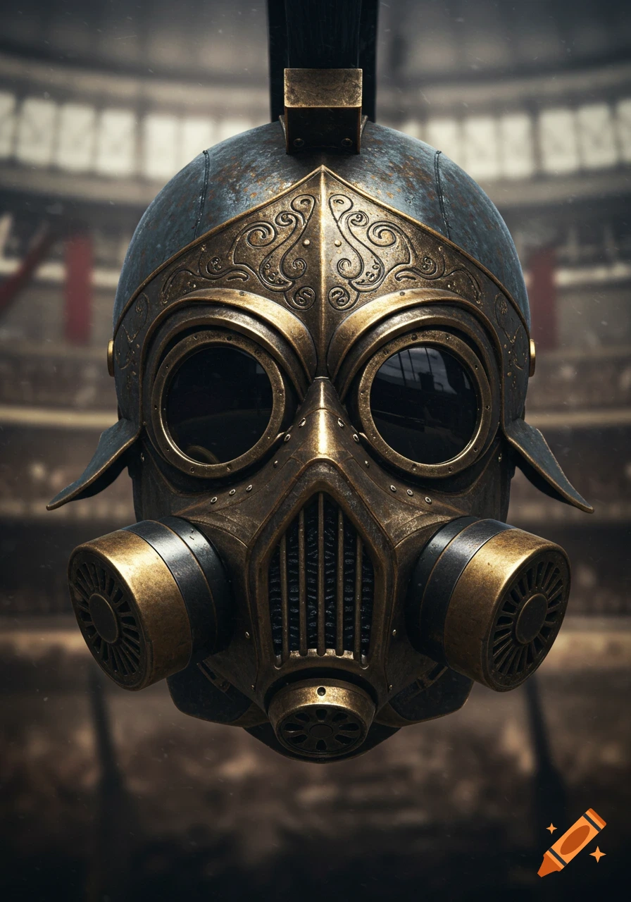 A detailed steampunk gladiator helmet and gas mask hybrid, made of rusted metal and ornate brass, against a blurred arena background.