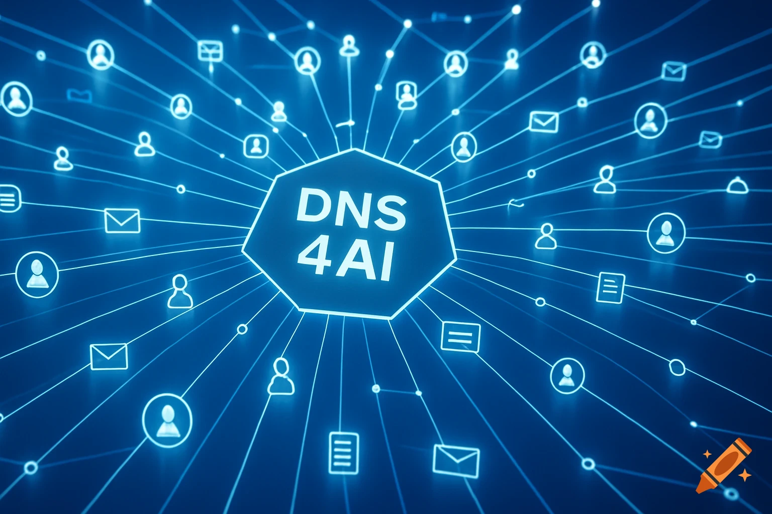 An abstract 3D information network diagram in blue, with glowing lines connecting various user and communication icons to a central heptagonal node labeled "DNS 4 AI".