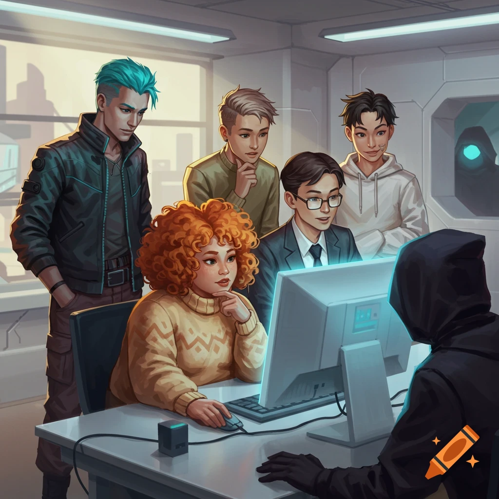 A diverse group of young adults, in a stylized anime art style, gathered around a computer in a modern, brightly lit room, looking at the screen.