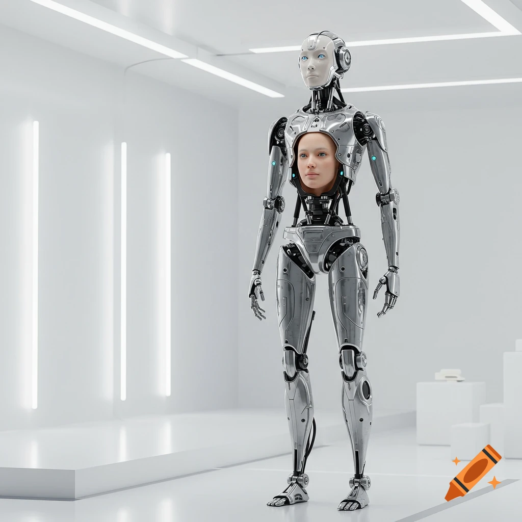 A photorealistic image of a metallic humanoid robot with a human head embedded in its chest, standing in a stark white futuristic room.