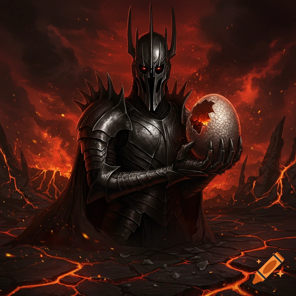 A dark lord in spiky black armor holds a cracked, glowing dragon egg in a fiery volcanic landscape.