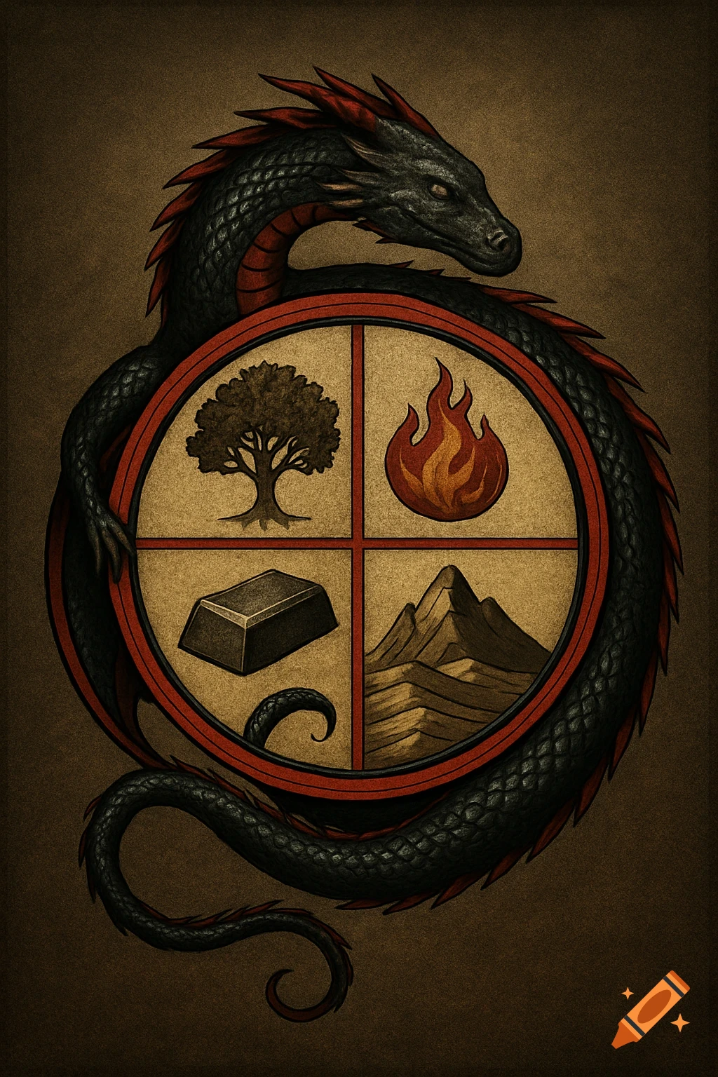 A peaceful black and red dragon wraps around a circular crest. The crest contains four elemental symbols: a tree, a flame, an ingot, and mountains.
