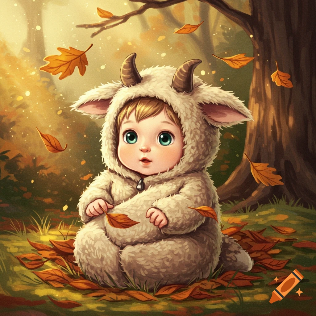 An illustrated baby wearing a fluffy white goat costume with horns sits among fallen autumn leaves in a sunlit forest.