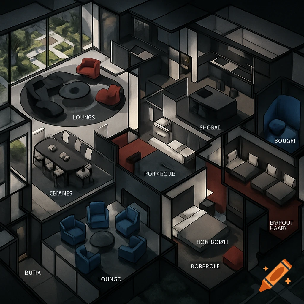 Isometric view of a modern, dark-toned house floor plan with various rooms labeled with nonsensical words like 'LOUNGS' and 'SHOBAC'.