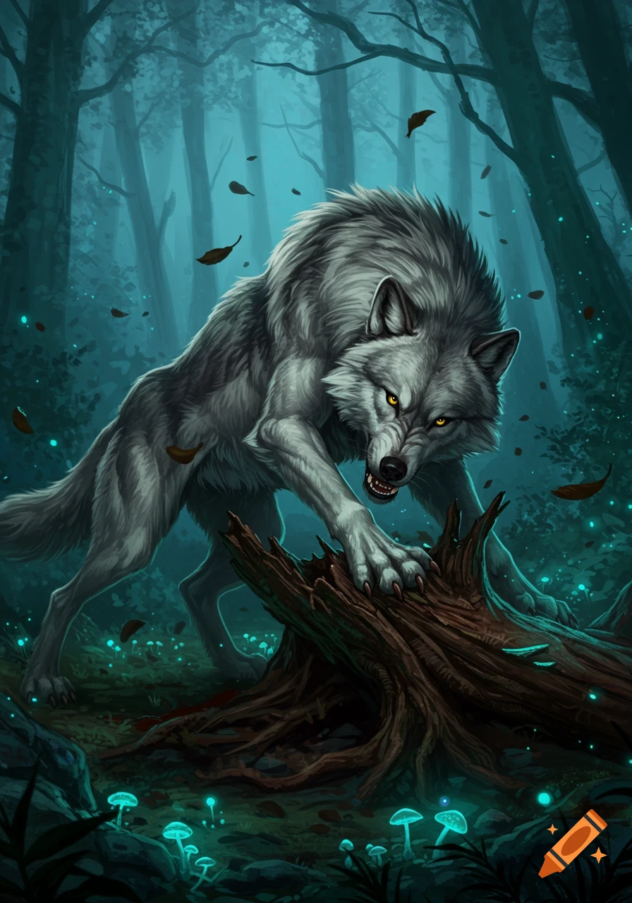 An aggressive gray wolf with glowing yellow eyes stands over a tree stump in a mystical, dark forest with bioluminescent mushrooms.
