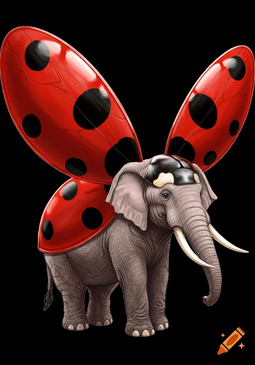 A gray elephant with large red and black spotted ladybug wings on its back stands on a transparent background.
