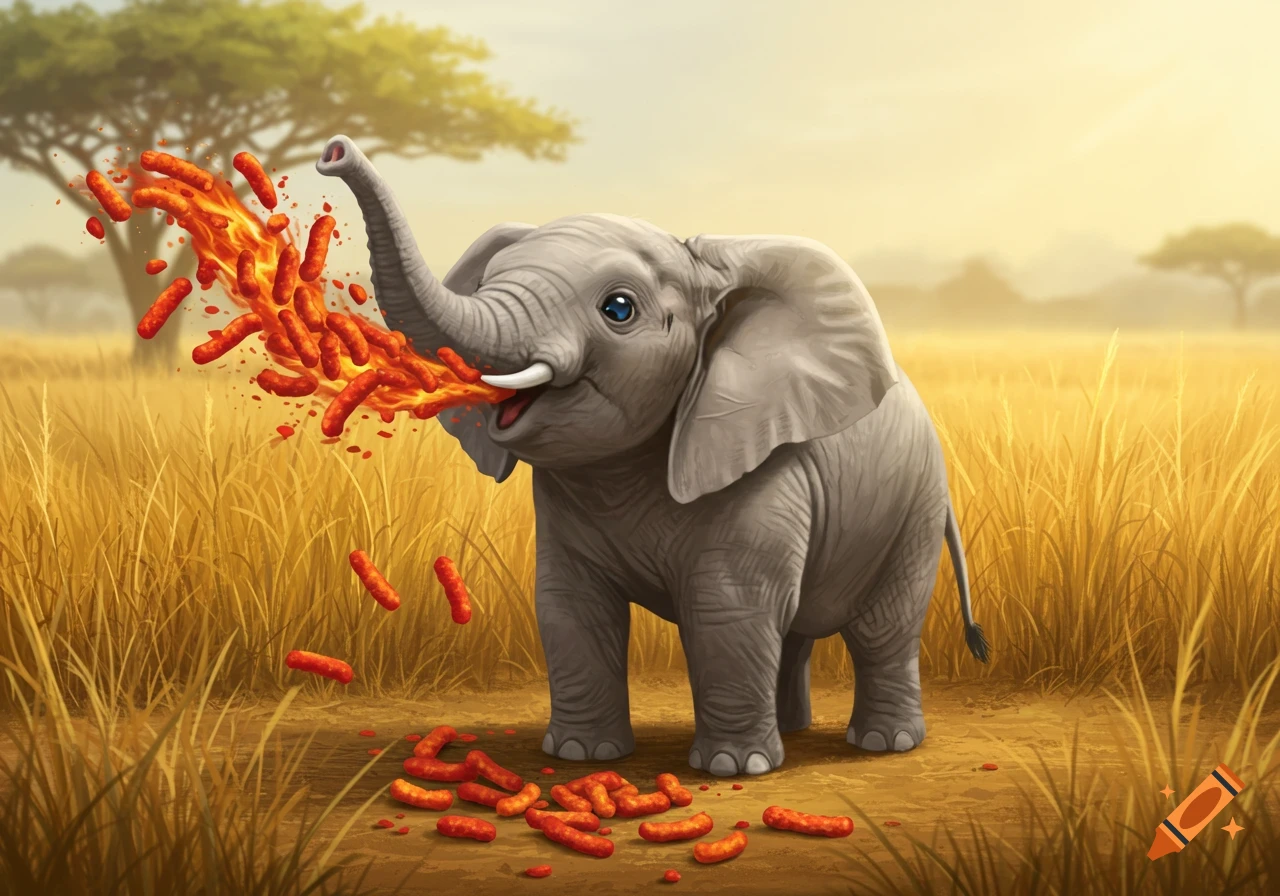 A cute cartoon elephant in a sunny safari landscape blows a fiery stream of hot Cheetos from its trunk.