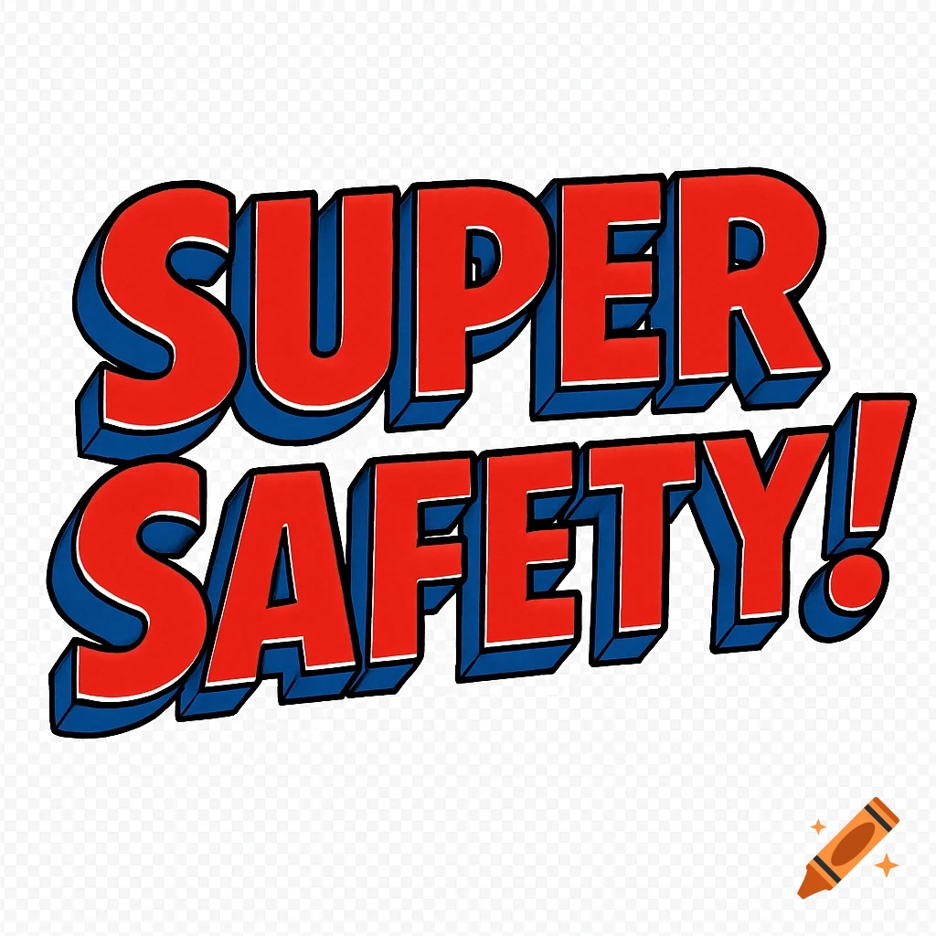 Red and blue 3D comic book style text reads 'SUPER SAFETY!' on a transparent background.