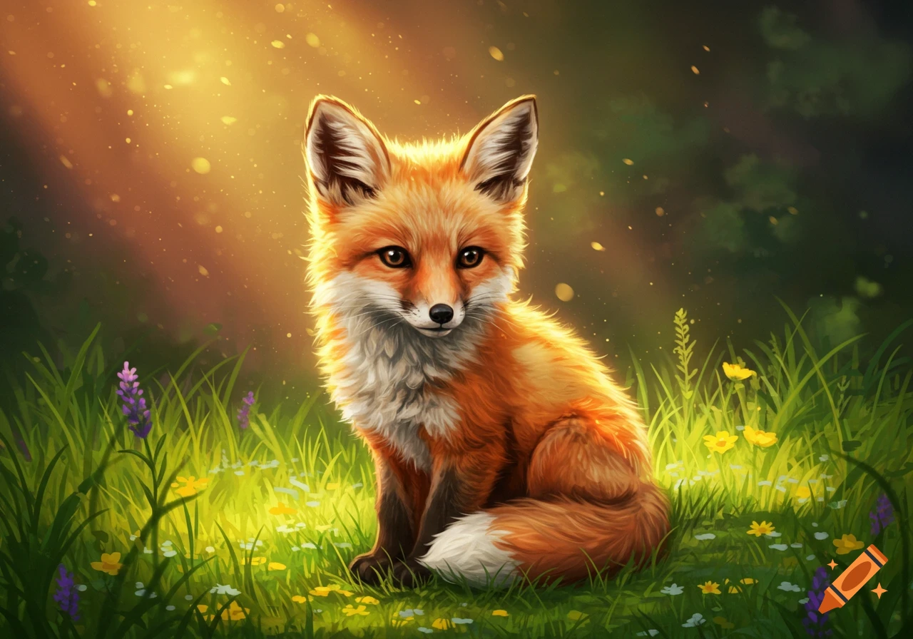 A cute orange fox sitting in a vibrant green meadow with yellow and purple flowers, bathed in warm golden sunlight.