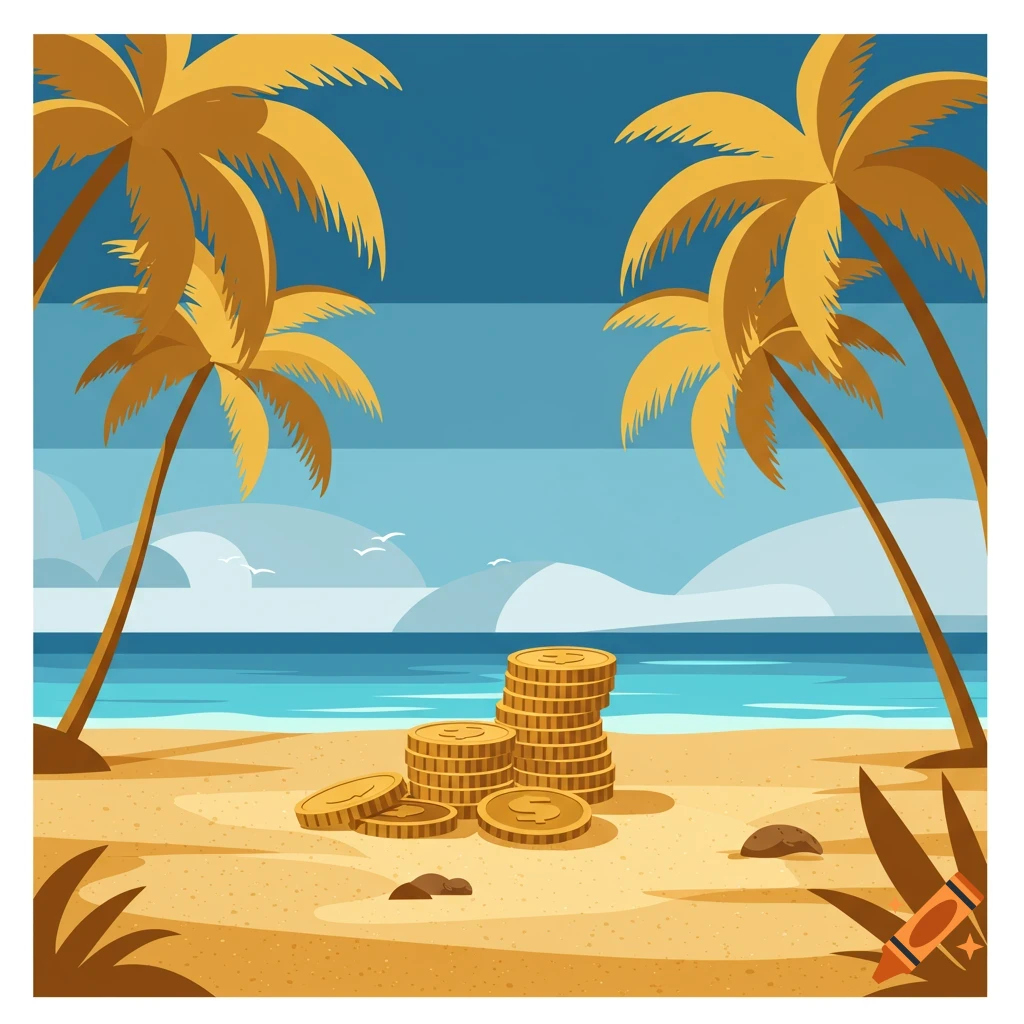 Vibrant flat illustration of a sunny beach with tall palm trees and stacks of gold coins on the sand near the ocean.