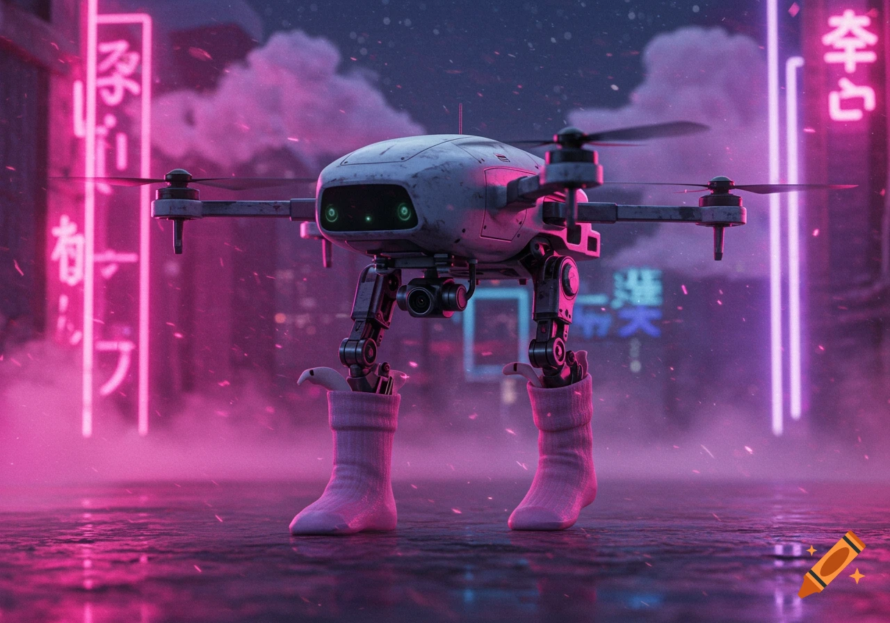 A walking drone with robotic legs wearing pink socks stands on a wet street in a neon-lit cyberpunk city at night, with glowing pink and blue signs in the background.