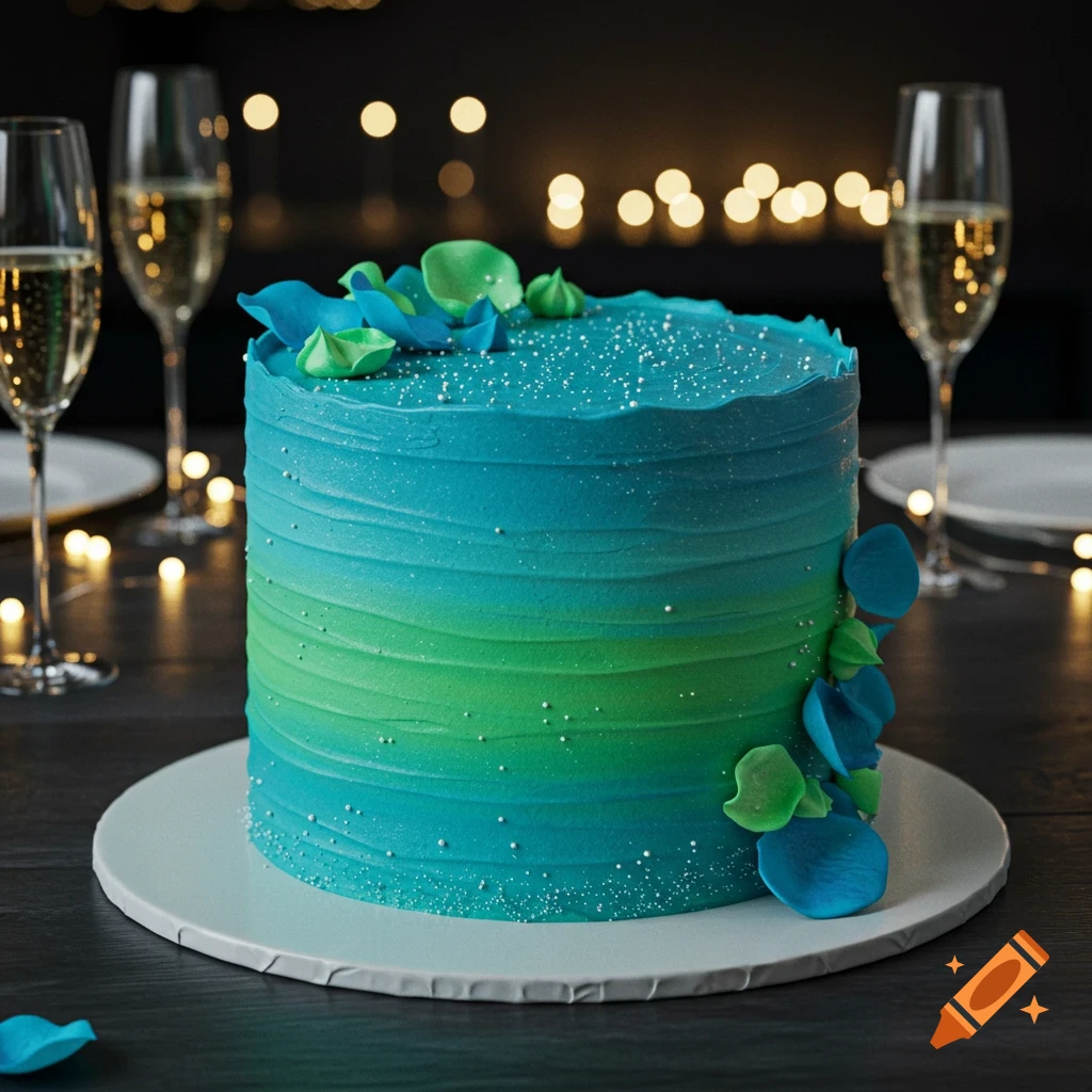 A vibrant blue and green ombre cake decorated with sprinkles and sugar petals on a table with champagne glasses and fairy lights.