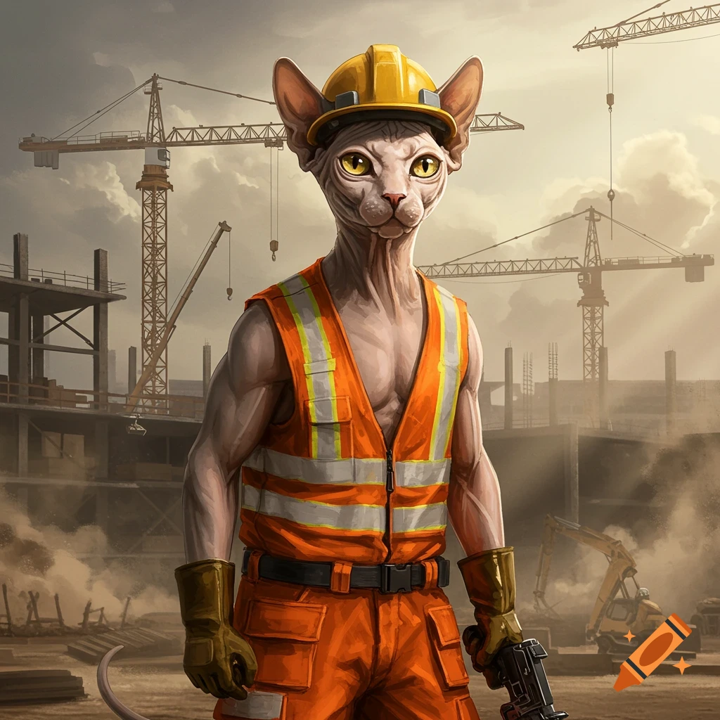 Photorealistic Sphynx cat in construction gear at a dusty construction site with cranes.