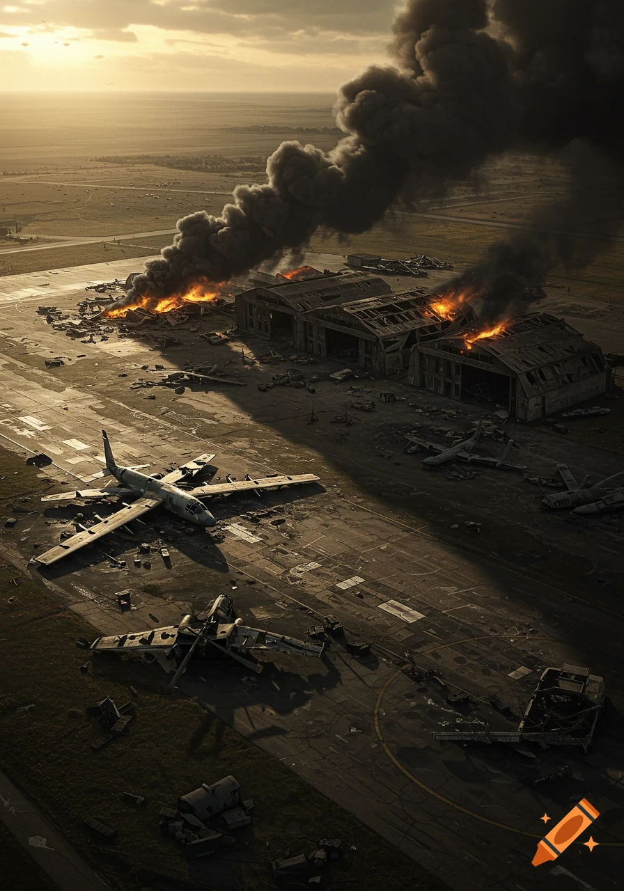Aerial view of a destroyed military air base with burning hangars, smoke, and wrecked planes on the tarmac at sunset.