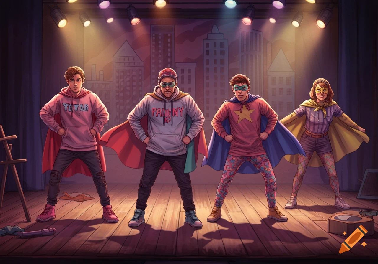 Four people in street clothes with capes and masks, attempting to be superheroes, stand on a stage with a city backdrop.