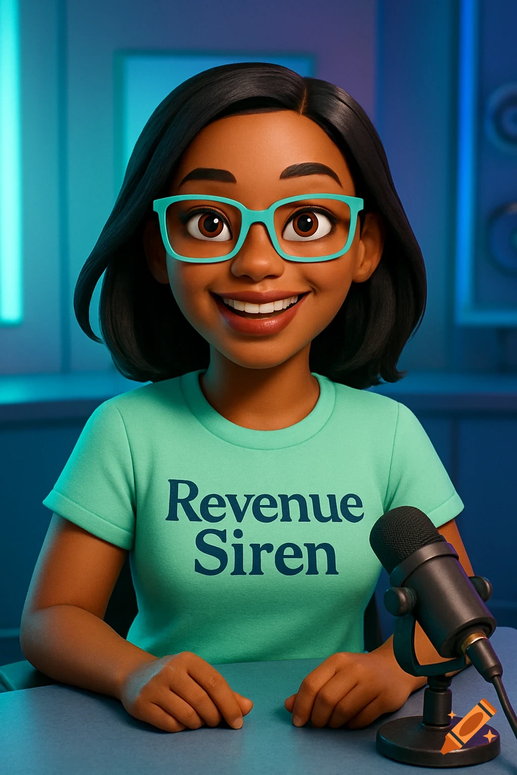 3D cartoon female character with mint glasses and short black hair smiling, wearing a mint t-shirt with 'Revenue Siren', in a podcast studio with a microphone.