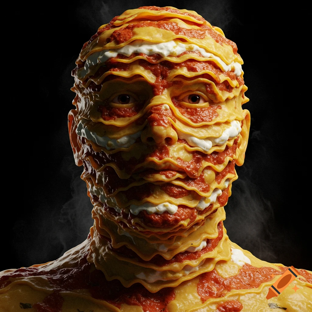 A surreal hyperrealistic portrait of a person's head and shoulders covered in wavy lasagna noodles, red sauce, and white cheese against a black background.