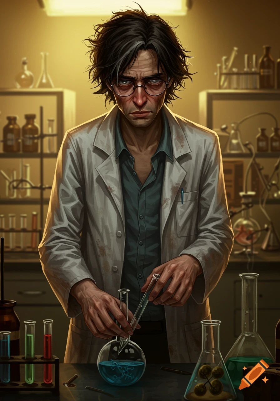 A serious scientist with messy hair and glasses in a lab coat works in a dimly lit laboratory, holding a test tube over a flask. Illustrated style.