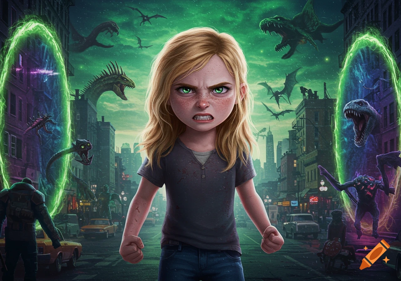 An angry blonde girl with green eyes and freckles stands with clenched fists on a city street, flanked by glowing green portals. Dark monsters, including dragons, fly overhead.