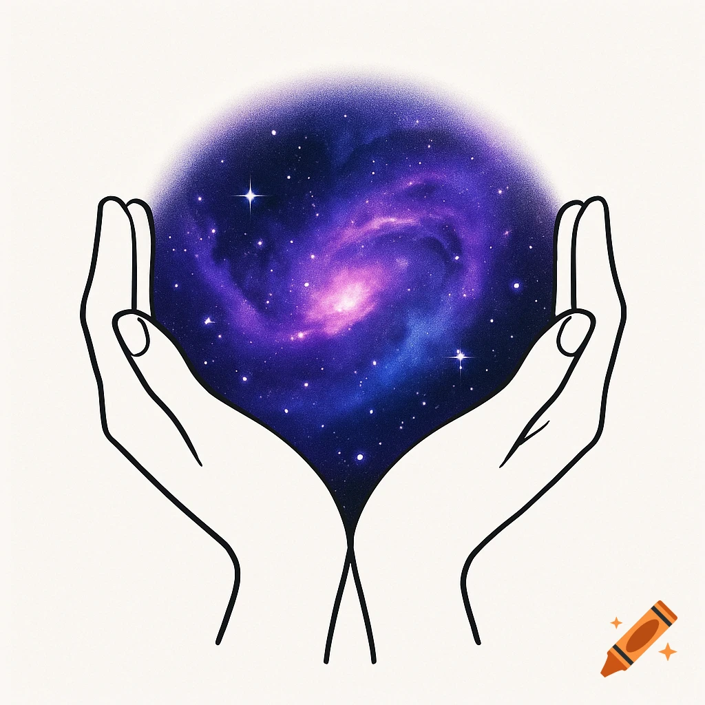 Line art depiction of two cupped hands holding a vibrant purple and blue galaxy, suitable for a logo.