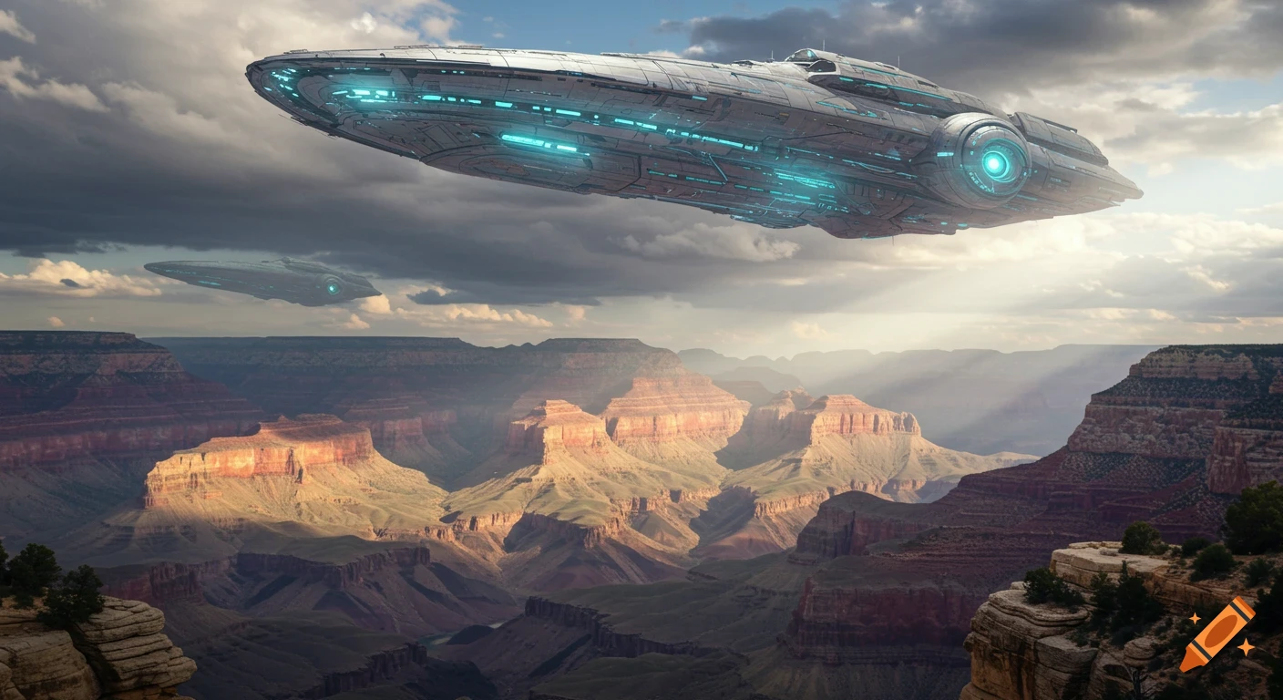 Two large futuristic spaceships with glowing lights soar above the Grand Canyon under a cloudy sky with sun rays.