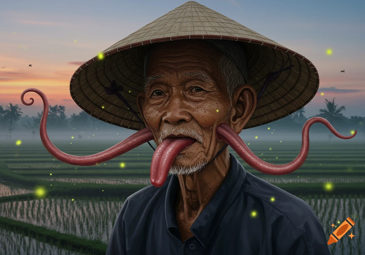 An old Asian man wearing a straw conical hat with long tongues extending from his ears and mouth, in misty rice fields with fireflies.