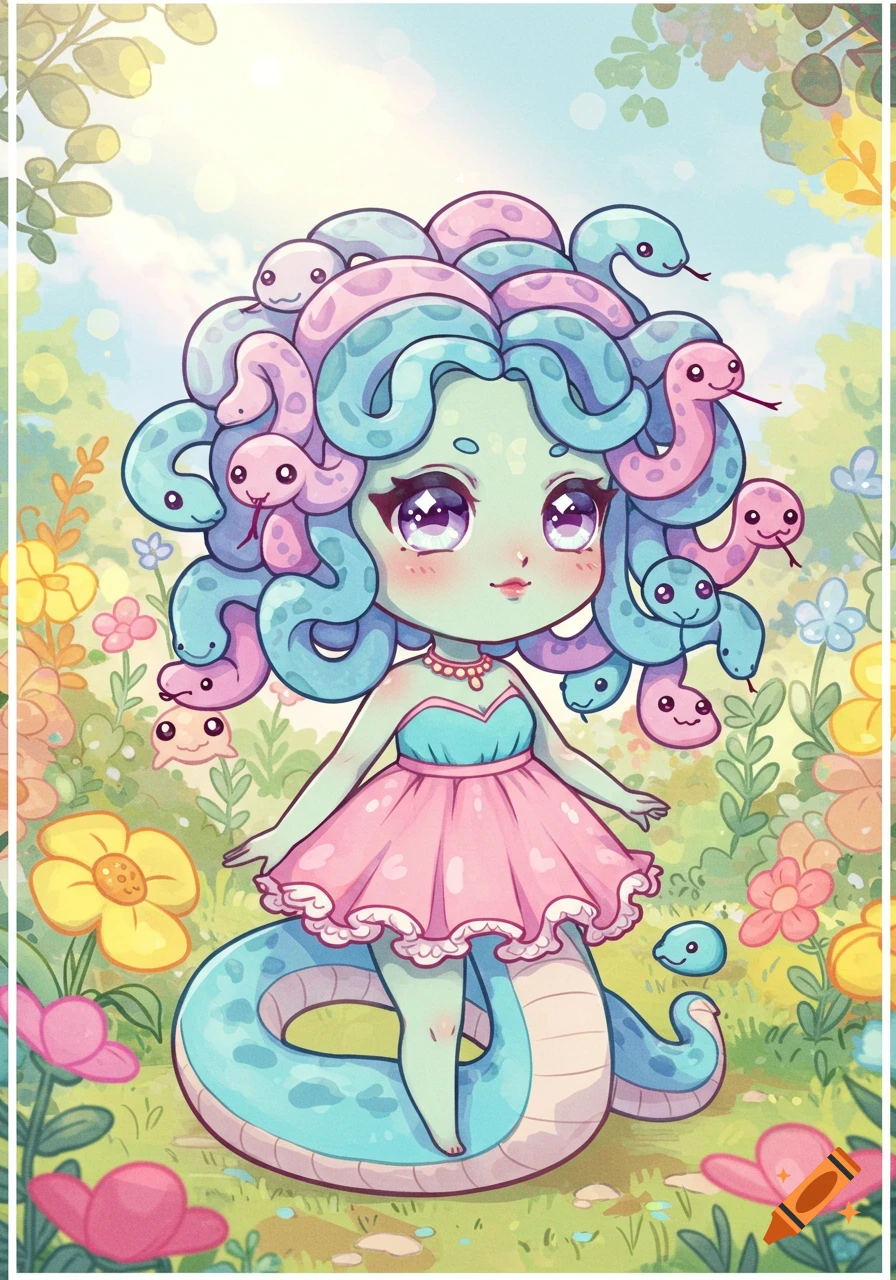 A cute kawaii anime-style chibi Medusa with blue and pink snake hair and a pink dress stands in a field of colorful flowers.