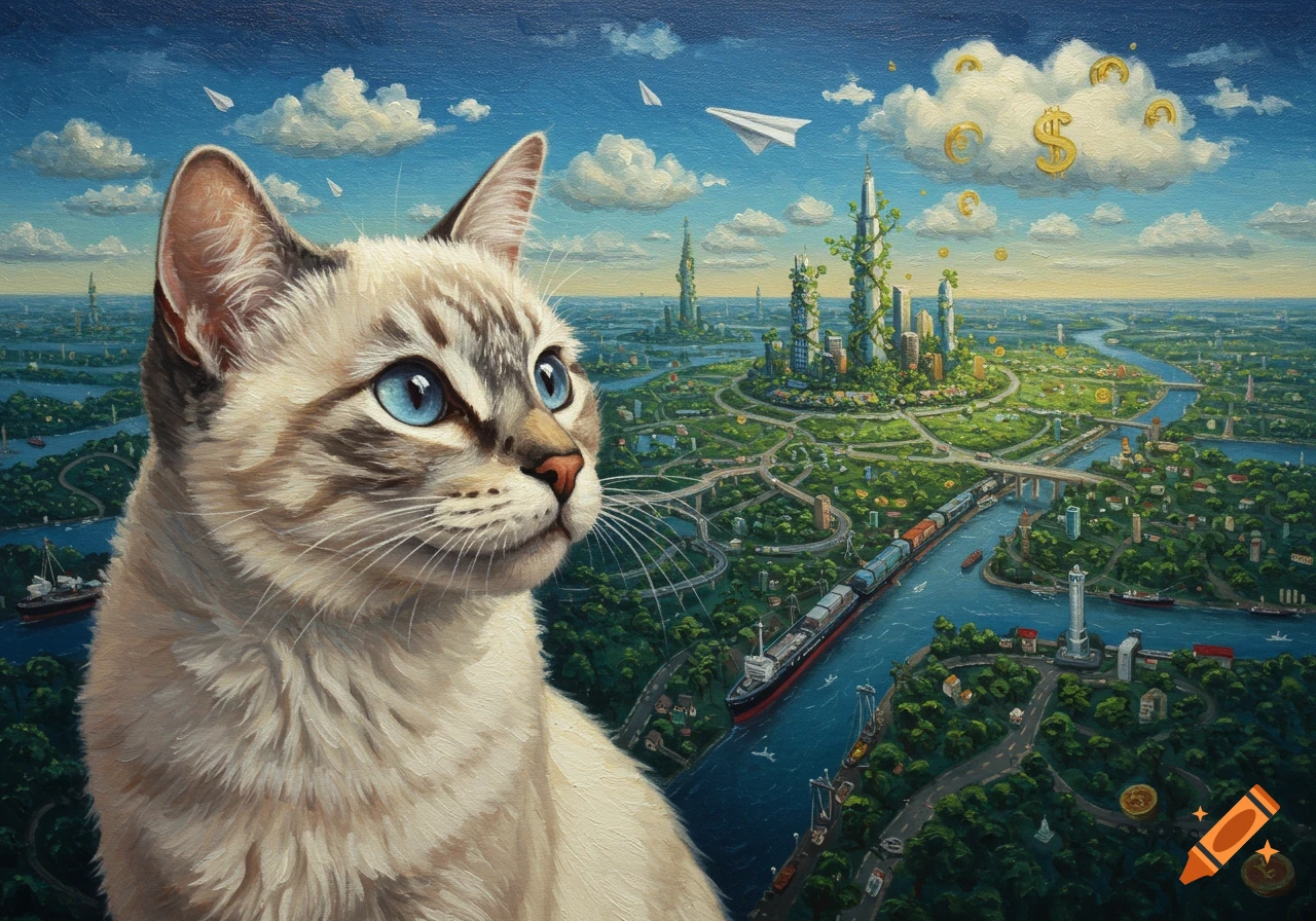 Oil painting of a Siamese cat looking over a sprawling futuristic city with rivers, roads, tall green buildings, and money symbols floating in the clouds.