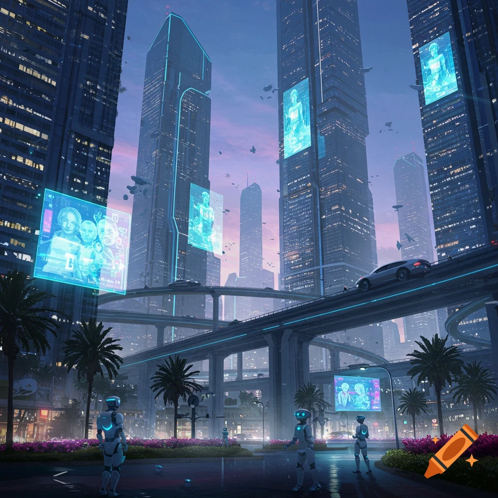 A futuristic cityscape at dusk with towering skyscrapers, elevated roadways, flying cars, and glowing holographic screens. Robots stand on the ground amidst palm trees.