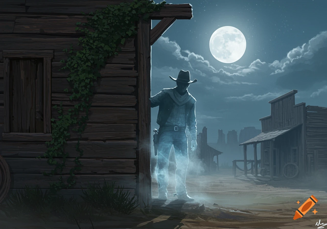 A spectral cowboy ghost peeks from behind a wooden building in a moonlit old western town, detailed art.
