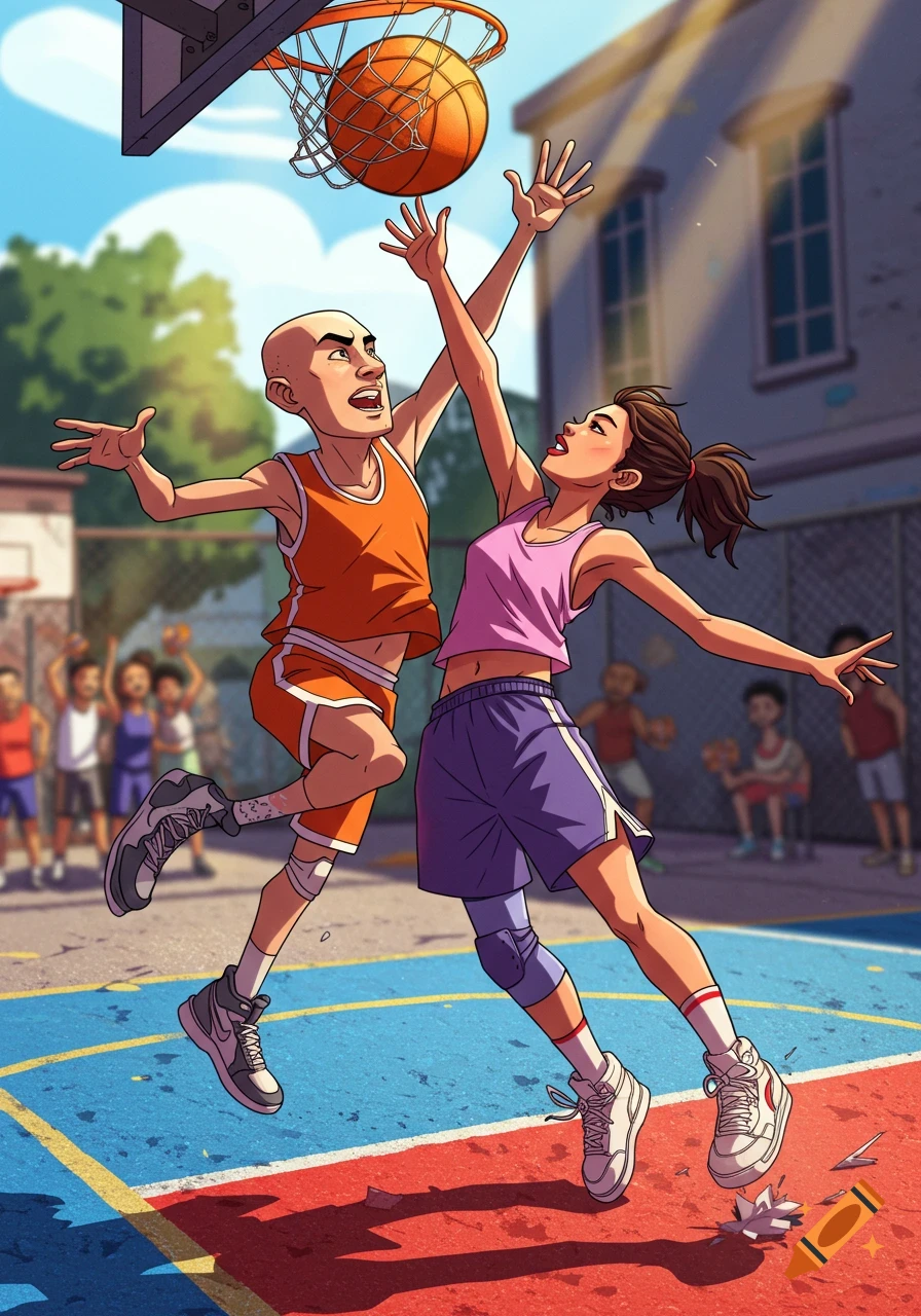 Cartoon illustration of a bald male basketball player jumping to shoot, getting blocked by a female player reaching up. They are on an outdoor court with other players in the background.