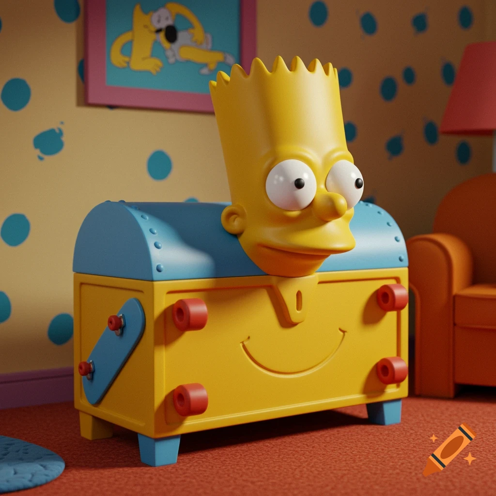 A yellow chest shaped like Bart Simpson's head, with a blue top and details, sitting on an orange carpet in a cartoonish room.