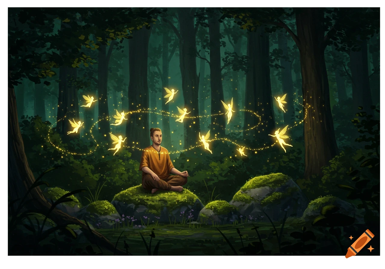 A man meditates peacefully on a mossy rock in a dark forest, surrounded by a swirling path of glowing, ethereal fairies.