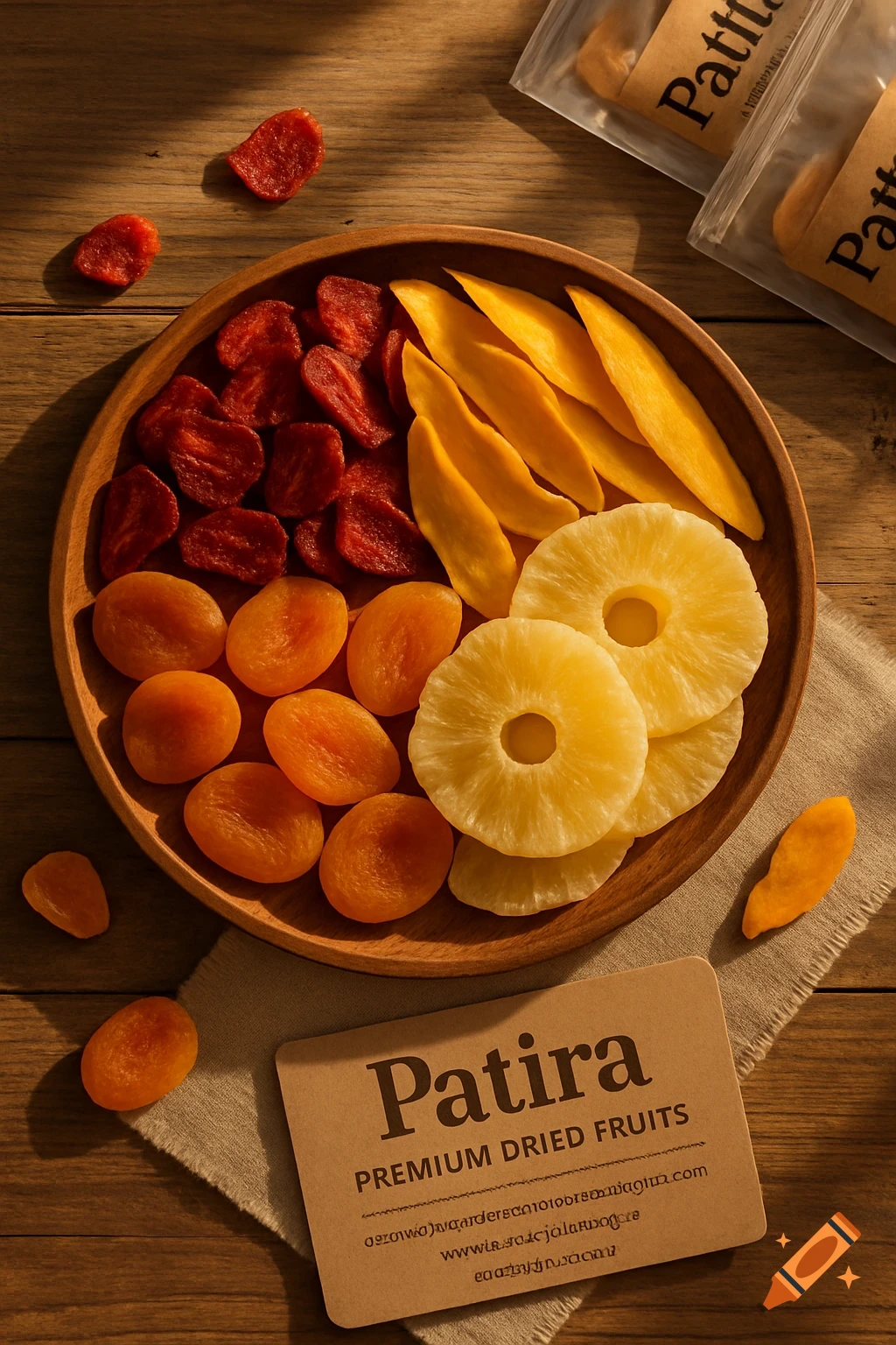 Flat lay of dried strawberries, mango, pineapple, and apricots on a wooden tray with a Patira brand label on a rustic wooden table.
