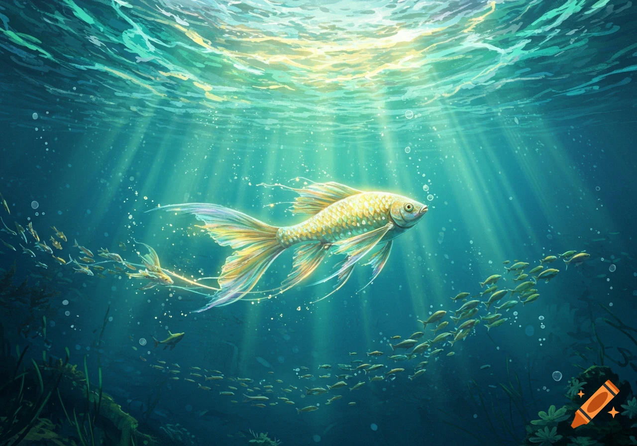 A large golden fish with flowing fins swims in a vibrant blue underwater scene, illuminated by sun rays from above.