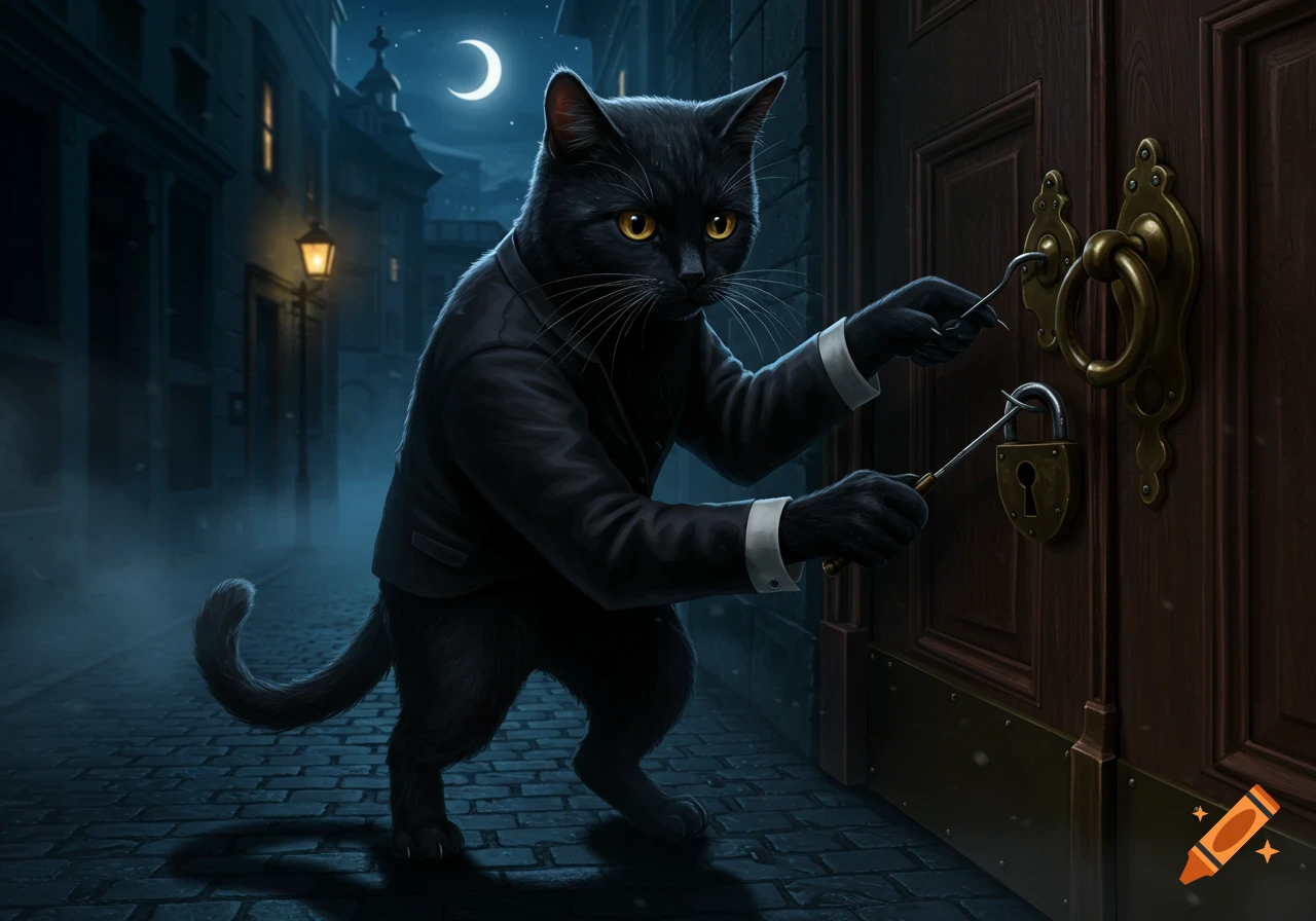 A black cat in a suit uses human-like hands to pick a lock on a wooden door at night on a cobblestone street.