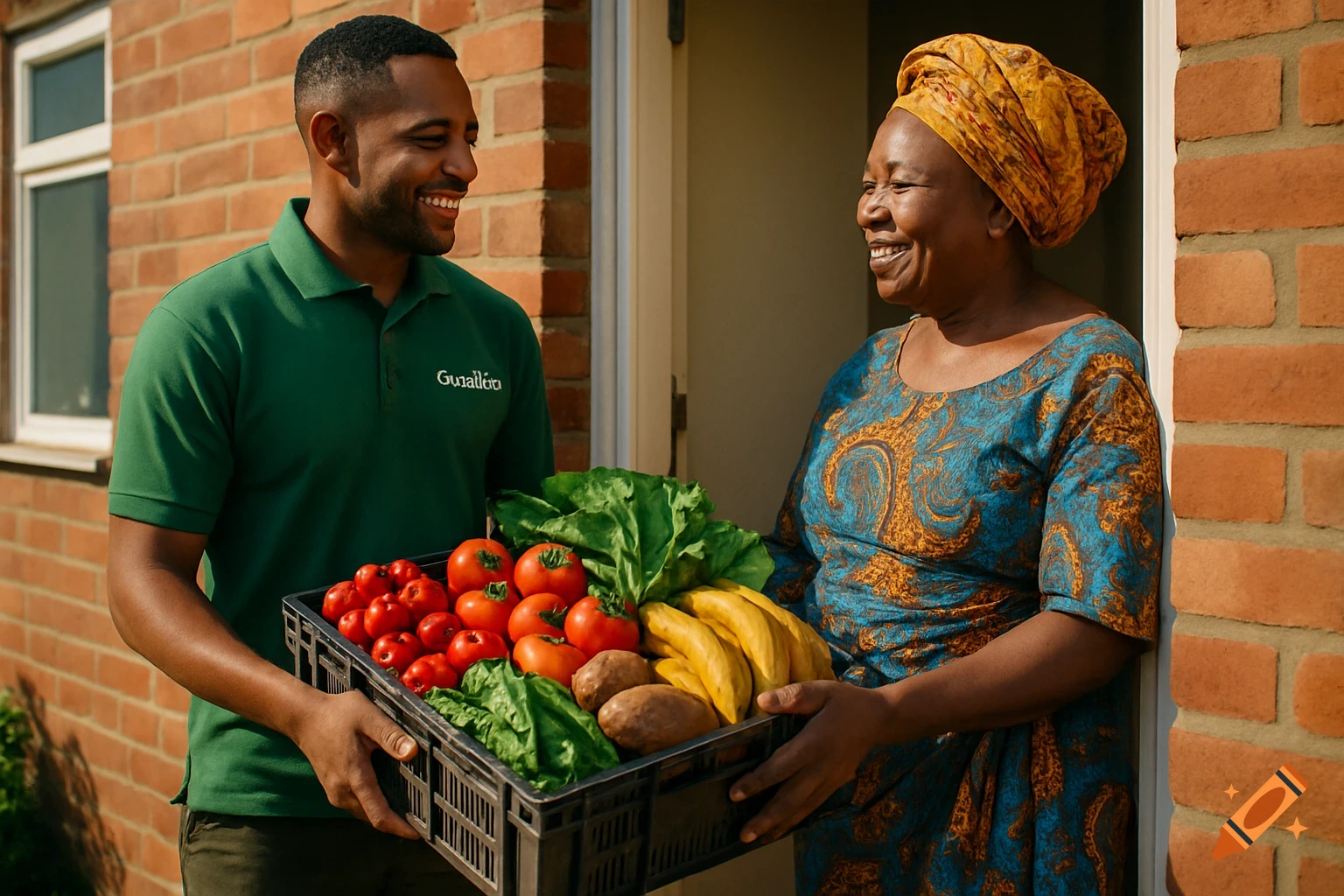 A friendly delivery driver hands a crate of fresh produce to a smiling older woman at her doorstep, photorealistic.