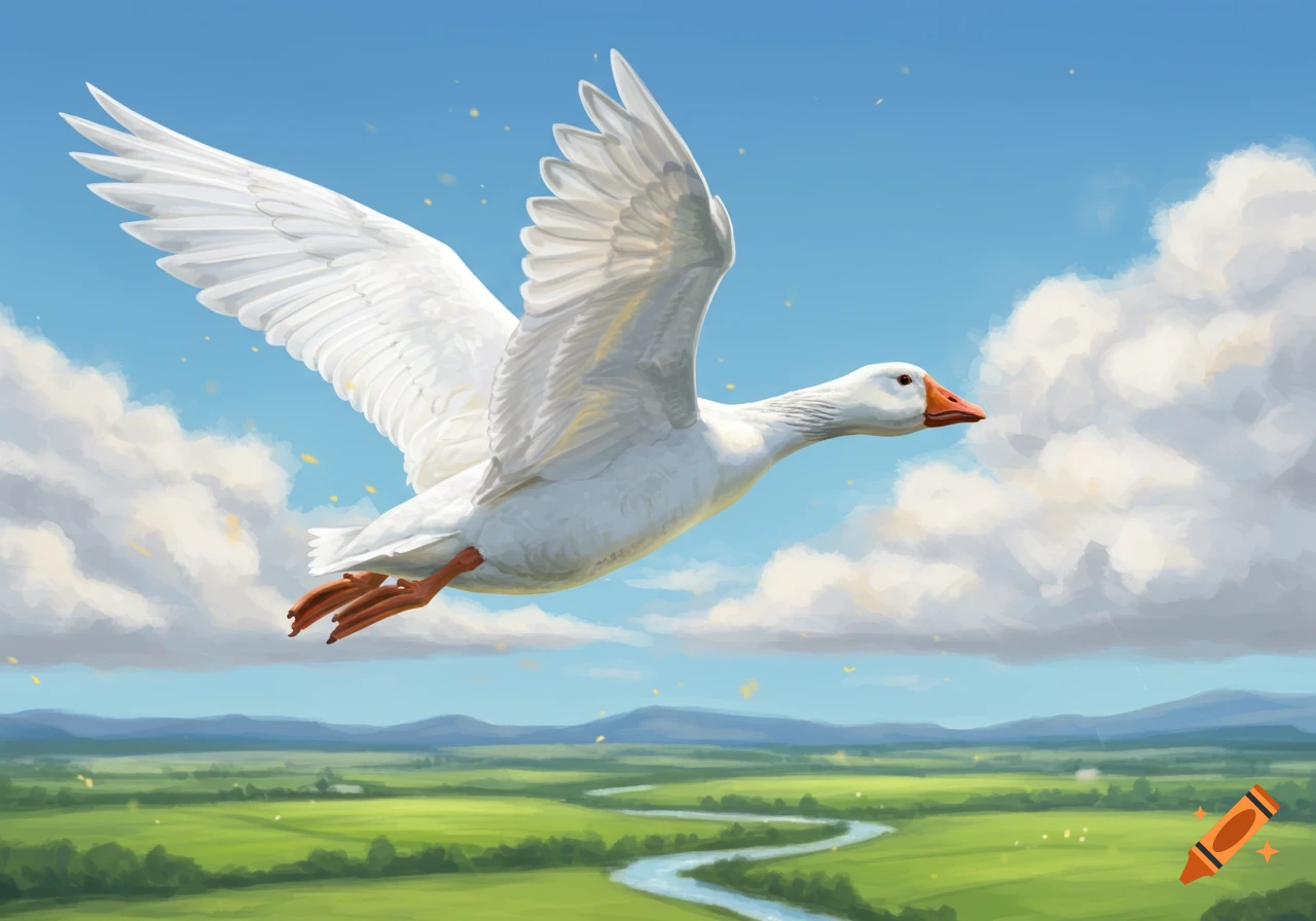 A white goose with large wings soars gracefully through a bright blue sky over a vibrant green landscape with a winding river and clouds.